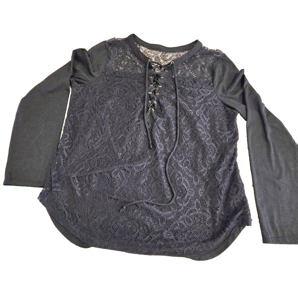 Black Lace Long Sleeve‎ Shirt Womens Large Lace Up Top Boho Goth Festival Style